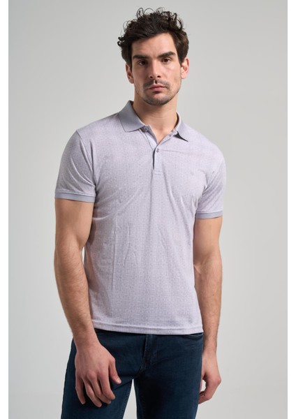 Gri Kısa Kol Baskılı Pike Polo Yaka Cepsiz Esnek Casual Slim Fit Tişört 1011250150