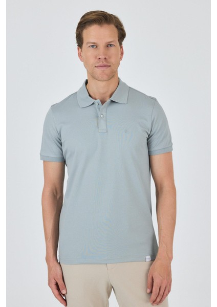 Buz Mavi Kısa Kol Düz Pike Polo Yaka Cepsiz Pamuk Casual Slim Fit Tişört 1011250157_350