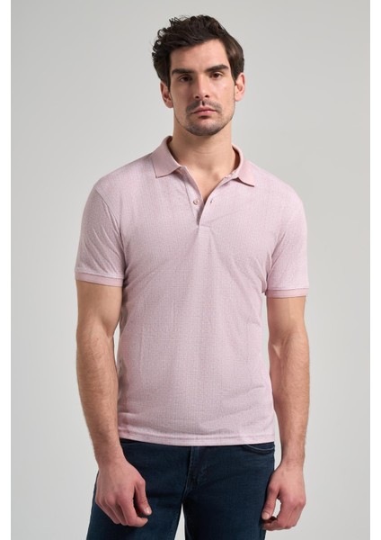 Pembe Kısa Kol Baskılı Pike Polo Yaka Cepsiz Esnek Casual Slim Fit Tişört 1011250150