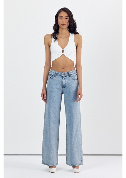 Yüksek Bel Simli Bol Paça Pantolon - Denim Denim - 28