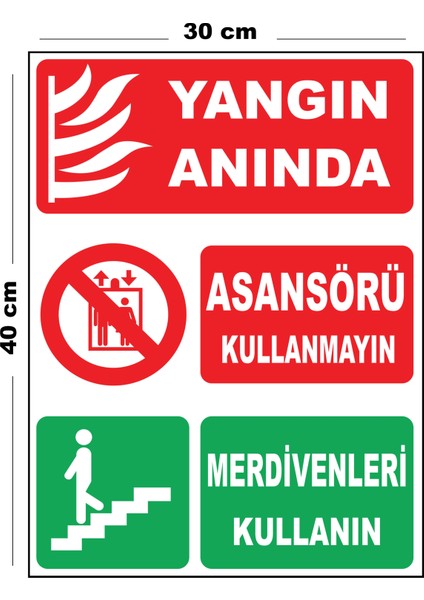 Metal Yangın Anında Asansörü Kullanmayın Merdiven 30CM x 40CM A3 Büyüklüğünde Uyarı Levhası Yönlen