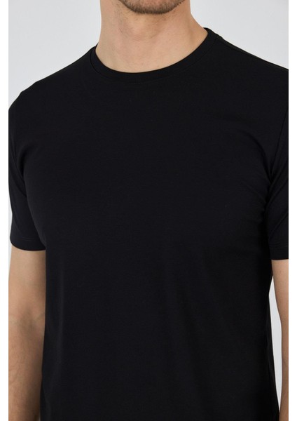 Siyah Kısa Kol Bisiklet Yaka Cepsiz Pamuklu Casual Slim Fit Tişört 1011250165 fırsatları