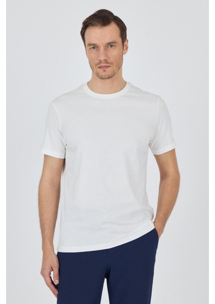 Açık Krem Kısa Kol Bisiklet Yaka Cepsiz Pamuk Casual Slim Fit Tişört 1011250158