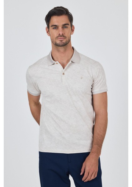 Açık Bej Kısa Kol Baskılı Pike Polo Yaka Cepsiz Esnek Casual Slim Fit Tişört 1011250152