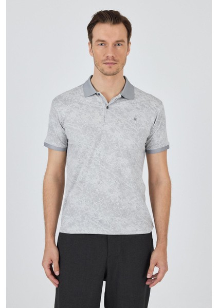Gri Kısa Kol Baskılı Pike Polo Yaka Cepsiz esnek Casual Slim Fit Tişört 1011250152