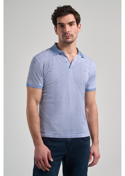 Mavi Kısa Kol Baskılı Pike Polo Yaka Cepsiz Esnek Casual Slim Fit Tişört 1011250150