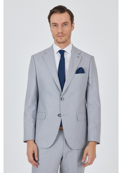 Gri Mono Yaka Desenli Astarlı Çift Yırtmaç Esnek 6 Drop Comfort Fit Classic Takım Elbise 1001250161