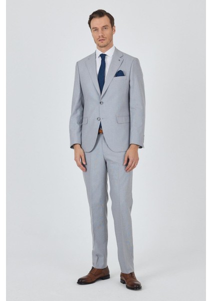 Gri Mono Yaka Desenli Astarlı Çift Yırtmaç Esnek 6 Drop Comfort Fit Classic Takım Elbise 1001250161