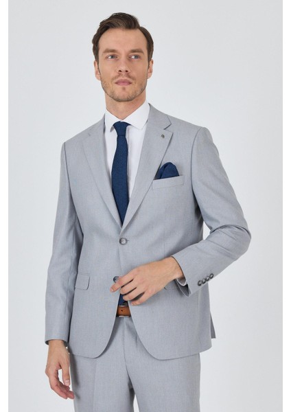 Gri Mono Yaka Desenli Astarlı Çift Yırtmaç Esnek 6 Drop Comfort Fit Classic Takım Elbise 1001250161