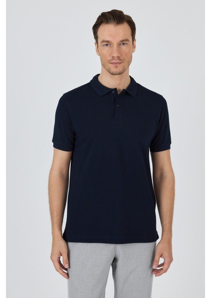 Koyu Lacivert Polo Yaka Kısa Kol Cepsiz Slim Fit Classic Pamuklu Tişört 1011250177