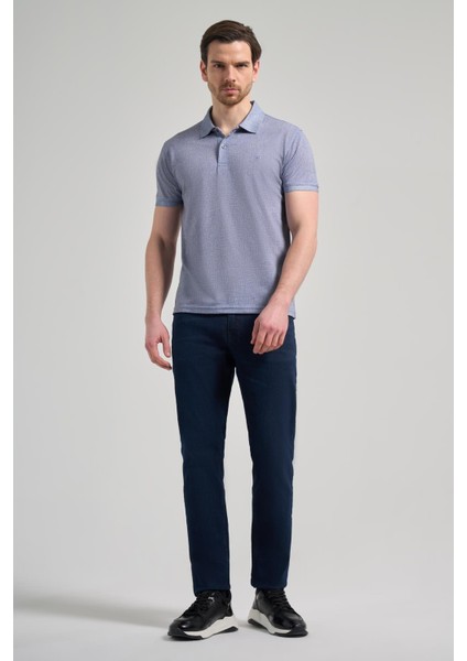 Koyu Lacivert Kısa Kol Baskılı Pike Polo Yaka Cepsiz Esnek Casual Slim Fit Tişört 1011250151