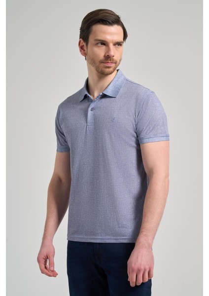 Koyu Lacivert Kısa Kol Baskılı Pike Polo Yaka Cepsiz Esnek Casual Slim Fit Tişört 1011250151