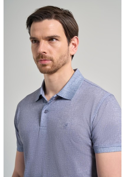 Koyu Lacivert Kısa Kol Baskılı Pike Polo Yaka Cepsiz Esnek Casual Slim Fit Tişört 1011250151