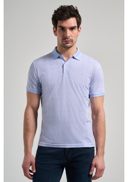 Koyu Mavi Kısa Kol Baskılı Pike Polo Yaka Cepsiz Esnek Casual Slim Fit Tişört 1011250150