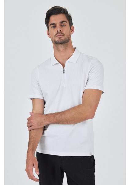 Beyaz Kısa Kol Düz Suprem Polo Yaka Cepsiz Pamuklu Casual Slim Fit Tişört 1011250164_600