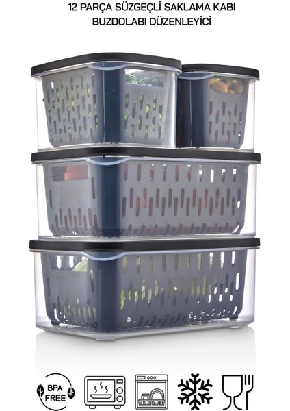 12 Parça Şeffaf Fresh Süzgeçli Buzdolabı Saklama Seti