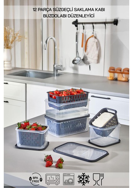 12 Parça Şeffaf Fresh Süzgeçli Buzdolabı Saklama Seti