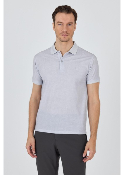 Gri Kısa Kol Baskılı Pike Polo Yaka Cepsiz Esnek Casual Slim Fit Tişört 1011250153