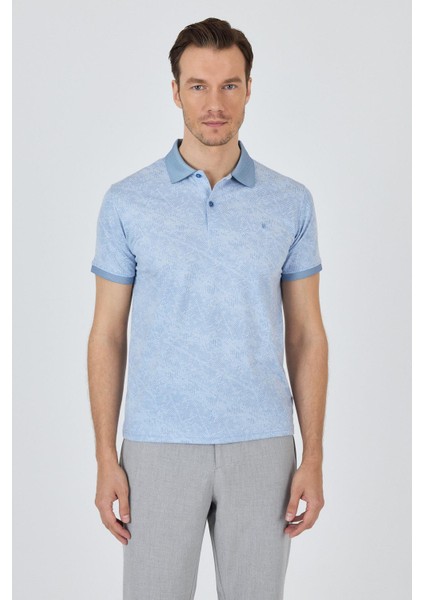 Koyu Mavi Kısa Kol Baskılı Pike Polo Yaka Cepsiz Esnek Casual Slim Fit Tişört 1011250152