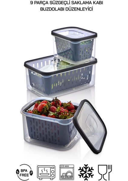 9 Parça Şeffaf Fresh Süzgeçli Buzdolabı Saklama Seti