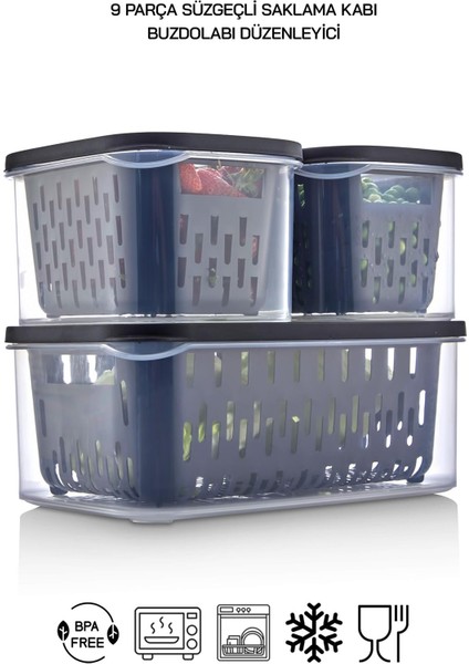 9 Parça Şeffaf Fresh Süzgeçli Buzdolabı Saklama Seti