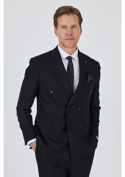 Siyah Kılıç Yaka Düz Kruvaze Classic Esnek Slim Fit Takım Elbise 1001250172