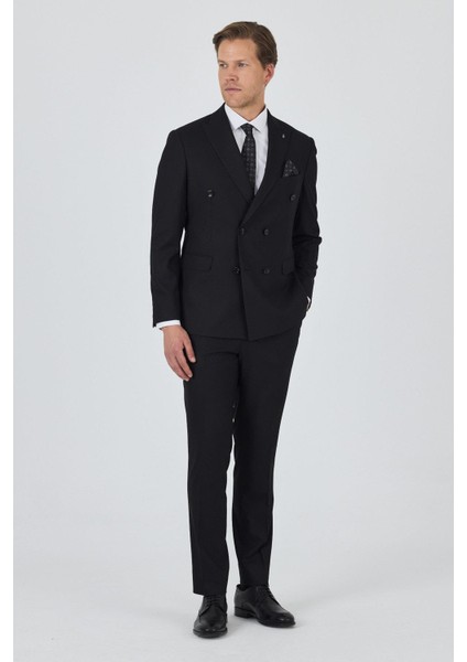 Siyah Kılıç Yaka Düz Kruvaze Classic Esnek Slim Fit Takım Elbise 1001250172
