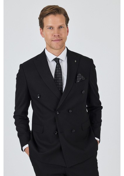 Siyah Kılıç Yaka Düz Kruvaze Classic Esnek Slim Fit Takım Elbise 1001250172