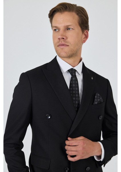 Siyah Kılıç Yaka Düz Kruvaze Classic Esnek Slim Fit Takım Elbise 1001250172