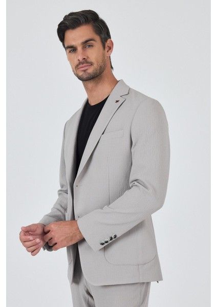 Taş Rengi Mono Yaka Kendinden Desenli 2 Düğme Casual Esnek Slim Fit Takım Elbise 1001250174