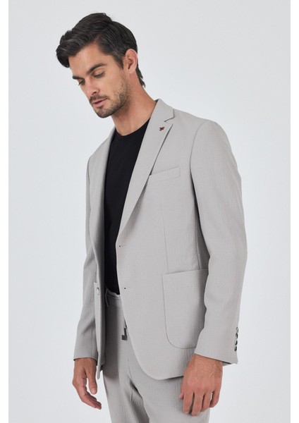 Taş Rengi Mono Yaka Kendinden Desenli 2 Düğme Casual Esnek Slim Fit Takım Elbise 1001250174