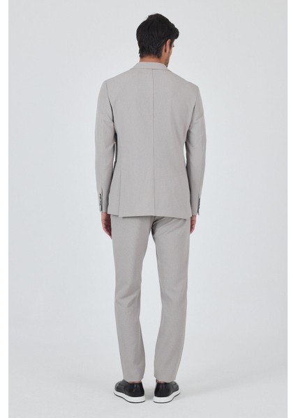 Taş Rengi Mono Yaka Kendinden Desenli 2 Düğme Casual Esnek Slim Fit Takım Elbise 1001250174