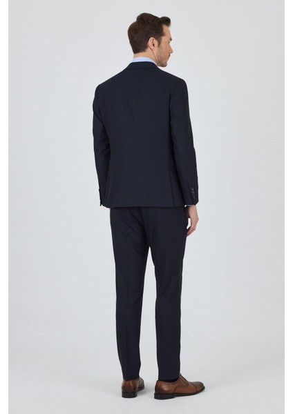 Koyu Lacivert Kılıç Yaka Düz Kruvaze Classic Esnek Slim Fit Takım Elbise 1001250172