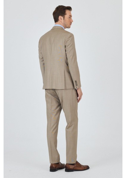 Bej Mono Yaka Düz 2 Düğme Classic Yünlü Slim Fit Takım Elbise 1001250175
