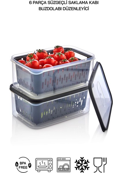 6 Parça Şeffaf Fresh Süzgeçli Buzdolabı Saklama Seti