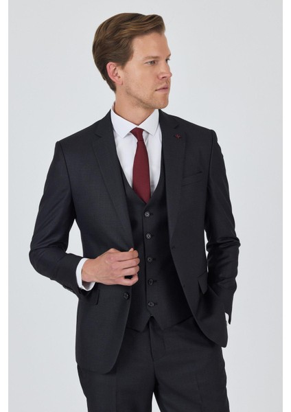 Düz Filafil Mono Yaka Tam Astar Yelekli 6 Drop Slim Fit Takım Elbise 1001250171