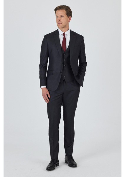 Düz Filafil Mono Yaka Tam Astar Yelekli 6 Drop Slim Fit Takım Elbise 1001250171