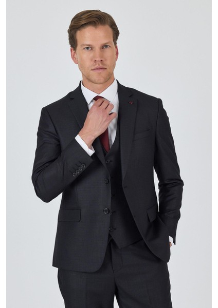 Düz Filafil Mono Yaka Tam Astar Yelekli 6 Drop Slim Fit Takım Elbise 1001250171