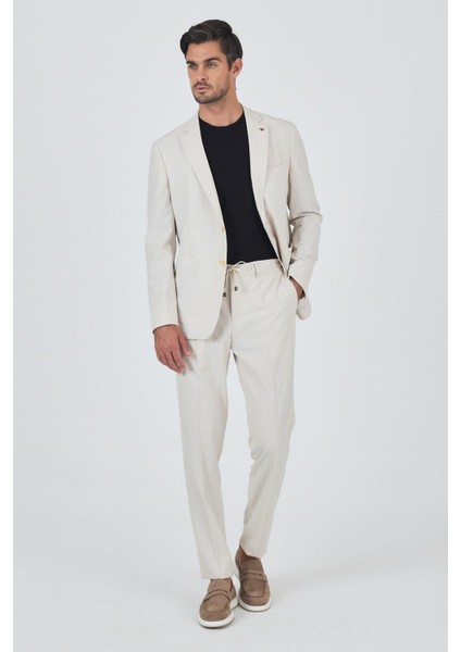 Açık Bej Gofreli Mono Yaka Esnek 6 Drop Slim Fit Classic Takım Elbise 1001250117