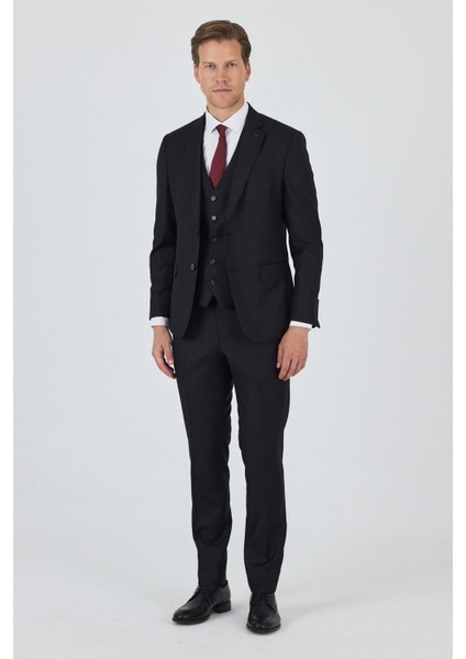 Düz Filafil Mono Yaka Tam Astar Yelekli 6 Drop Slim Fit Takım Elbise 1001250171