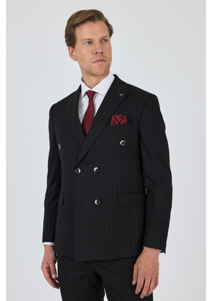 Siyah Kılıç Yaka Çizgili Desen Kruvaze Classic Esnek Slim Fit Takım Elbise 1001250173