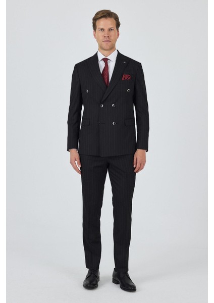 Siyah Kılıç Yaka Çizgili Desen Kruvaze Classic Esnek Slim Fit Takım Elbise 1001250173 fiyatları