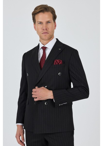 Siyah Kılıç Yaka Çizgili Desen Kruvaze Classic Esnek Slim Fit Takım Elbise 1001250173 modelleri