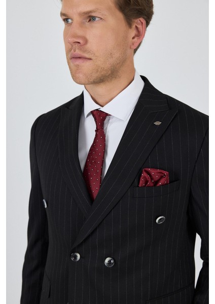 Siyah Kılıç Yaka Çizgili Desen Kruvaze Classic Esnek Slim Fit Takım Elbise 1001250173 fırsatları