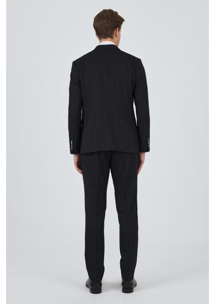 Siyah Kılıç Yaka Çizgili Desen Kruvaze Classic Esnek Slim Fit Takım Elbise 1001250173 indirimleri