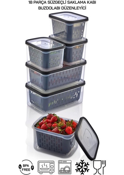 18 Parça Şeffaf Fresh Süzgeçli Buzdolabı Saklama Seti