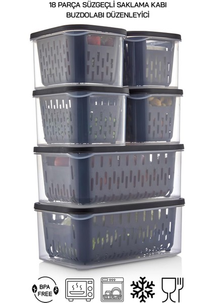 18 Parça Şeffaf Fresh Süzgeçli Buzdolabı Saklama Seti