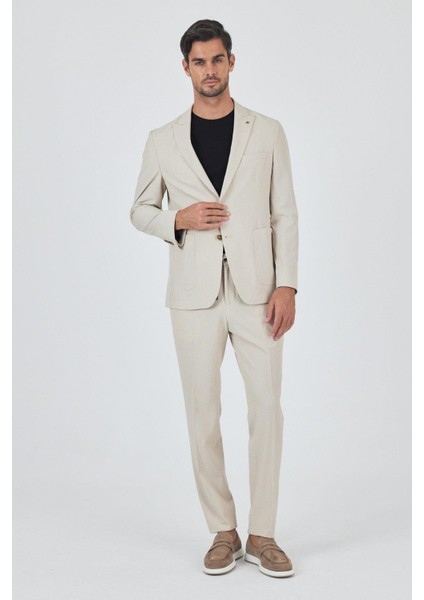 Bej Kılıç Yaka Esnek 6 Drop Slim Fit Classic Takım Elbise 1001250100