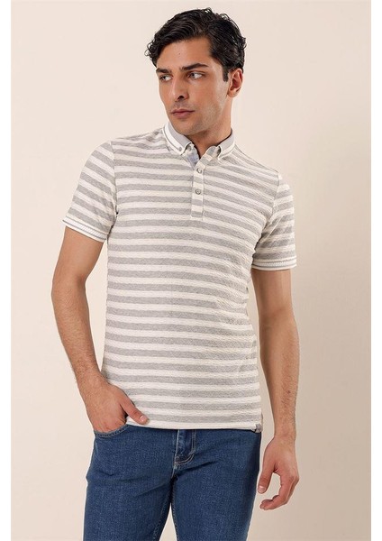 Kısa Kollu Çizgili Jakarlıcepsiz Garnili Pamuklu Casual Slim Fit T-Shirt 1011230159