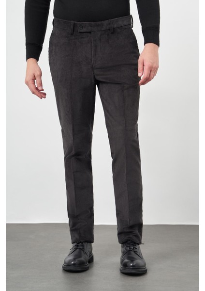 Koyu Antrasit Pamuklu Yandan Cepli Comfort Fit Kadife Pantolon 1003245160